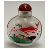 Vintage Chinese Inside-Reverse Painted Goldfish/Koi Snuff Bottle 2" x 2 3/8" In Original Box