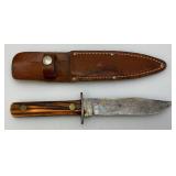 1930-1940 Nice Vintage Yellow Bone Handle Trade/Hunting Carbon Steel Knife With 5" Blade & Leather Sheath