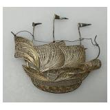 Vintage Sterling Silver Filigree Miniature Ship Brooch 2" x 2" (5.45 Grams)