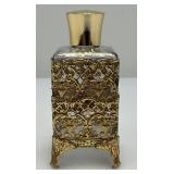 Mid Century Modern Filigree Brass And Glass Perfume Bottle