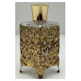 Mid Century Modern Filigree Brass And Glass Perfume Bottle