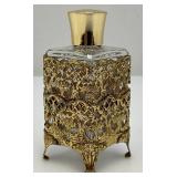 Mid Century Modern Filigree Brass And Glass Perfume Bottle