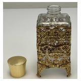 Mid Century Modern Filigree Brass And Glass Perfume Bottle