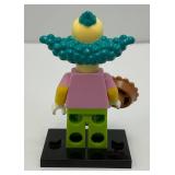 Collectible Hard To Get KRUSTY THE CLOWN Genuine Lego Mini figure With Pie,  And Stand