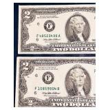 1995 United States $2 Federal Reserve Banknote- Qty 4 | Serial Numbers F09854785A | F10859904B | F48523496A  F64695966A