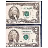 1995 United States $2 Federal Reserve Banknote- Qty 4 | Serial Numbers F09854785A | F10859904B | F48523496A  F64695966A