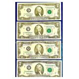 1995 United States $2 Federal Reserve Banknote- Qty 4 | Serial Numbers F09854785A | F10859904B | F48523496A  F64695966A