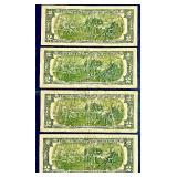 1995 United States $2 Federal Reserve Banknote- Qty 4 | Serial Numbers F09854785A | F10859904B | F48523496A  F64695966A