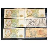 Mixed Vintage Banknotes from Russia and Mexico - 5 Peso Mexico Note | 2000  Pesos Mexico Note |1000  Russian Ruble Notes