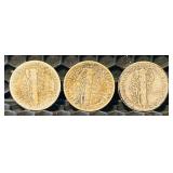 1943 S,1943 D, 1943 No Mint, United States Mercury Dimes - Qty 3