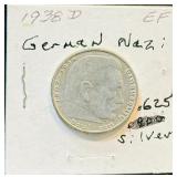 1847-1934-D German 2 Reichsmark Silver Coin Commemorating Paul von Hindenburg.