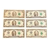 2017A United States $2 Federal Reserve Banknote - Qty 6 | G06470833A | G03810789A | G02271127A | L58523166A | L58523162A | B12652683A