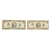 1976 United States $2 Federal Reserve Notes - Qty 2 | Serial Number G 39880574 A | Serial Number G 18964214 A