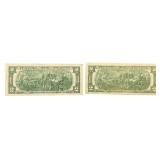 1976 United States $2 Federal Reserve Notes - Qty 2 | Serial Number G 39880574 A | Serial Number G 18964214 A