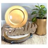 Gold Plastic Charger Plates Mixed Lot With Tray, Decor Sign & Planter