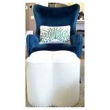 Blue Upholstered Chair & Ottoman Set With Peacock Pillow