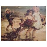 Antique Framed Beach Scene Print of Children