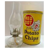 Vintage Red Dot Potato Chips Tin & Glass Oil Lamp Mixed Lot
