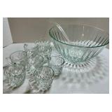 Clear Pressed Glass Punch Bowl & 8 Cups (Lot of 9)