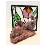 Stained Glass Style Floral Panel & Stone Duck Figurine Mixed Lot