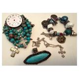 Turquoise Beaded Jewelry Set - Bracelet, Sterling Silver Necklace & Adjustable Ring