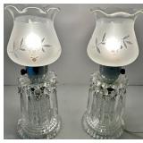 Pair of Crystal Boudoir Table Lamps With Frosted Glass Shades, Bobeche with Crystals