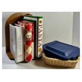 Pyrex Casserole Dish With Lid, Wicker Basket & Cookbook Mixed Lot