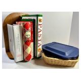 Pyrex Casserole Dish With Lid, Wicker Basket & Cookbook Mixed Lot