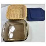 Pyrex Casserole Dish With Lid, Wicker Basket & Cookbook Mixed Lot