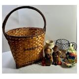 Harvest Decor Mixed Lot Basket, Scarecrow Pair, Vase, Wire Teapot & Soap Set