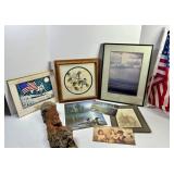 Mixed Lot: Framed Art Prints, Carved Wood Sculpture & American Flag
