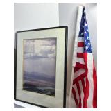 Mixed Lot: Framed Art Prints, Carved Wood Sculpture & American Flag