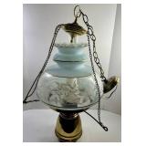 Vintage Hanging Oil Lamp With Etched Glass Shade