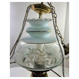 Vintage Hanging Oil Lamp With Etched Glass Shade