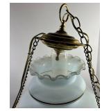 Vintage Hanging Oil Lamp With Etched Glass Shade