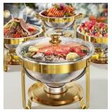 Chafing Dish Buffet Set 4 Pack, 5QT Gold Round Chafing Dishes for Buffet, High Grade Chafers and Buffet Warmers Sets with Glass Lid, Rolled-Edge Food Warmers for Parties, Weddings, Catering | Retail $