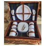 Wicker Picnic Basket with Pastic Table Settings for 4 People, plates, forks, spoons, cups, wine bottle opener, food storage container