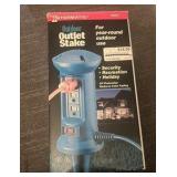 3-Outlet Outdoor Power Stake Green - 15 Foot Power Cord -security, recreation, holiday lights - Retail $18.99