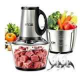 SPZTJK 3-Speed Electric Food Processor: Meat Grinder, Vegetable Chopper & Baby Food Maker - 300W, 2 Bowls (8 Cup Stainless Steel+8 Cup Glass), Quiet Operation