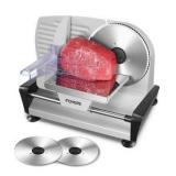 FOHERE 200W Meat Slicer Machine for Home, Electric Food Slicer with Two 7.5" Sharp Stainless Steel Blade(Serrated + Smooth) 0-15mm Precise Thickness Deli Meat Slicer for Bread Fruit Vegetable(Silver) 