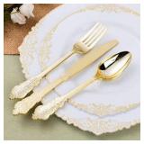 Bestluck 50 Pack Gold Plastic Silverware with Pre Rolled Napkins for 50 Guests, Heavyweight Gold Disposable Utensils Sets Includes 150 Plastic Cutlery, and 50 Napkins for Party & Wedding -Retail $60