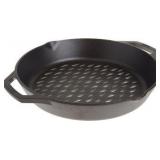 Lodge Pre-Seasoned Cast Iron Round Grilling Pan - Use on the Grill - Grilling Pan Designed to Protect Food from Falling Through the Grate - Cast Iron 12 Inch