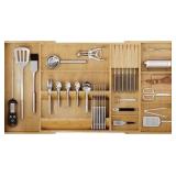 Bamboo Silverware Drawer Organizer, 17.72-29.53 Inch Expandable, Silverware not Included, Large Kitchen Drawer Organizer, 5-8 Slot Flatware with Removable Card Slots & Knife Block for Spoon Butter Kni