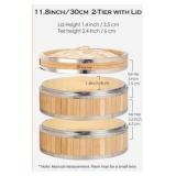 11.8-Inch Vertical Bamboo Steamer Basket, 2-Tier with Stainless Steel Rings,  Cooking Pot for Buns Dumplings Rice Vegetables Dim Sum