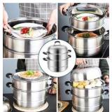 MANO Steamer Pot for Cooking 11 inch Steam Pots with Lid 2-tier Multipurpose Stainless Steel Steaming Pot Cookware with Handle for Vegetable, Dumpling, Stock, Sauce, Food - Retail $66