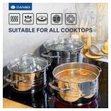 Daniks Tokio Stainless Steel Cookware Set, 6-Piece – 2 qt, 3 qt, 4.5 qt Pots with Glass Strainer Lids, 2qt lid is slightly bent as pictured but can be bent back. Induction Ready, Dishwasher Safe, Me