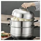 MANO Steamer Pot for Cooking 11 inch Steam Pots with Lid 2-tier Multipurpose Stainless Steel Steaming Pot Cookware with Handle for Vegetable, Dumpling, Stock, Sauce, Food - Retail $66