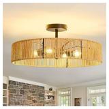 hesoge Boho Rattan Ceiling Light Rustic Black Semi-Flush Mount 24in Woven Chandelier