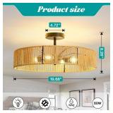 hesoge Boho Rattan Ceiling Light Rustic Black Semi-Flush Mount 24in Woven Chandelier