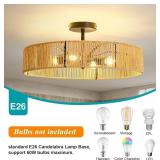 hesoge Boho Rattan Ceiling Light Rustic Black Semi-Flush Mount 24in Woven Chandelier